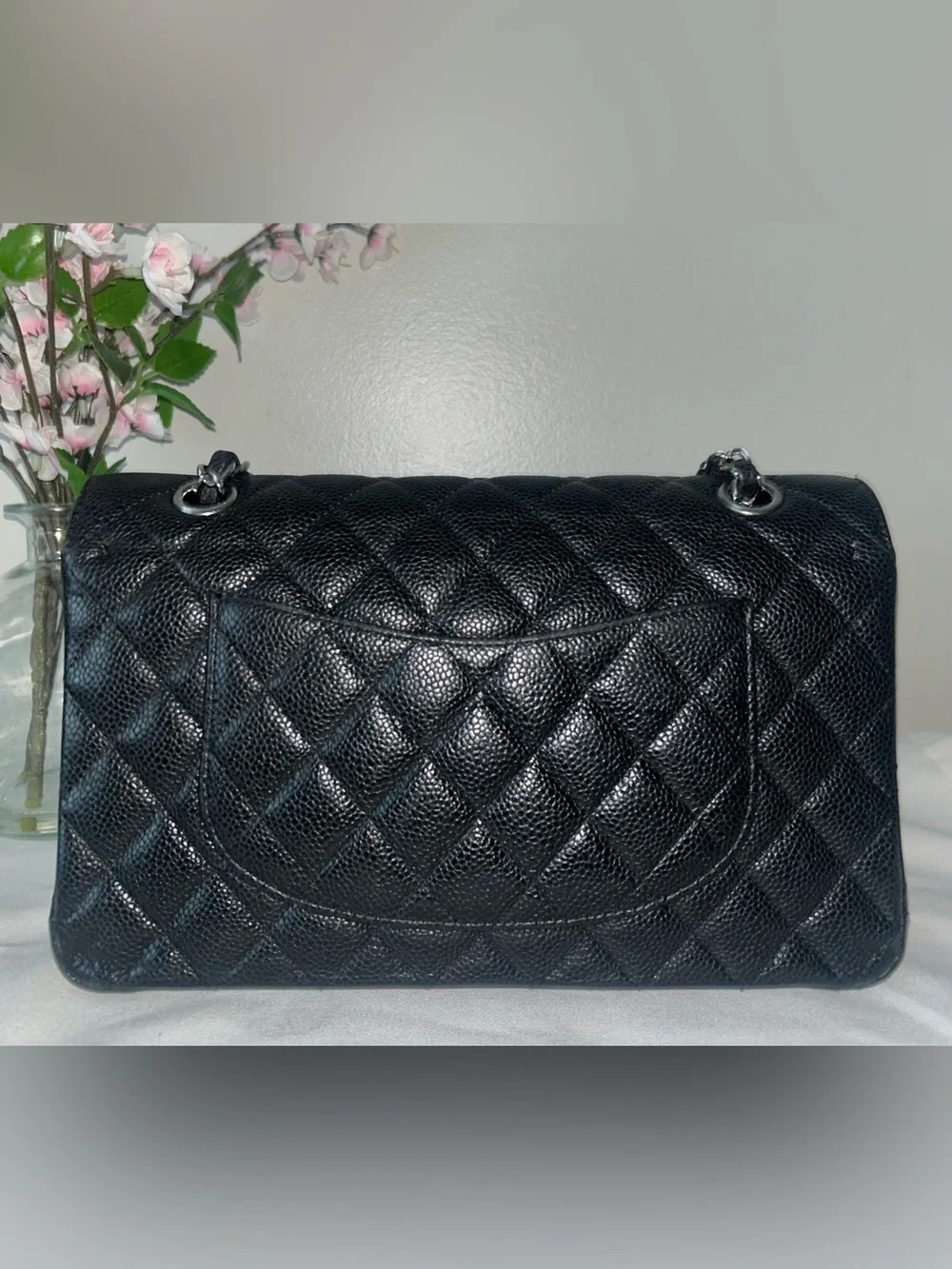 CHANEL Medium Classic Double Flap Caviar Leather Quilted Handbag Black
